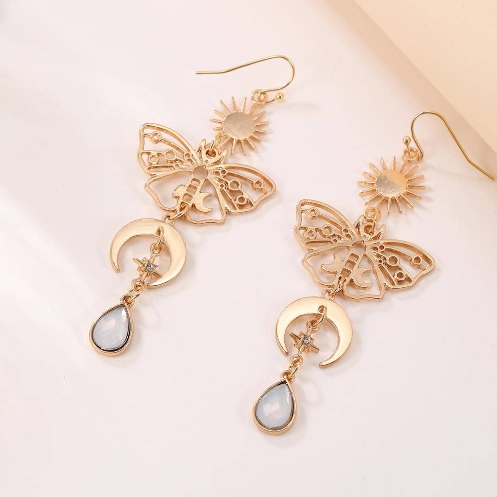 Gold Tone Butterfly Moon Earrings - Picture 1 of 3